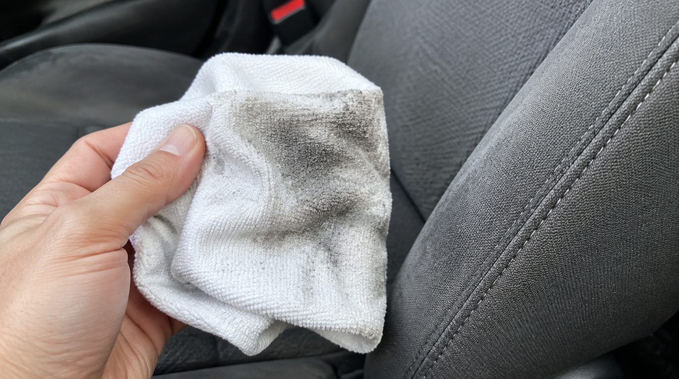 Bela vlažna krpa posivi posle jednog prelaska preko sedišta koje izgleda čisto